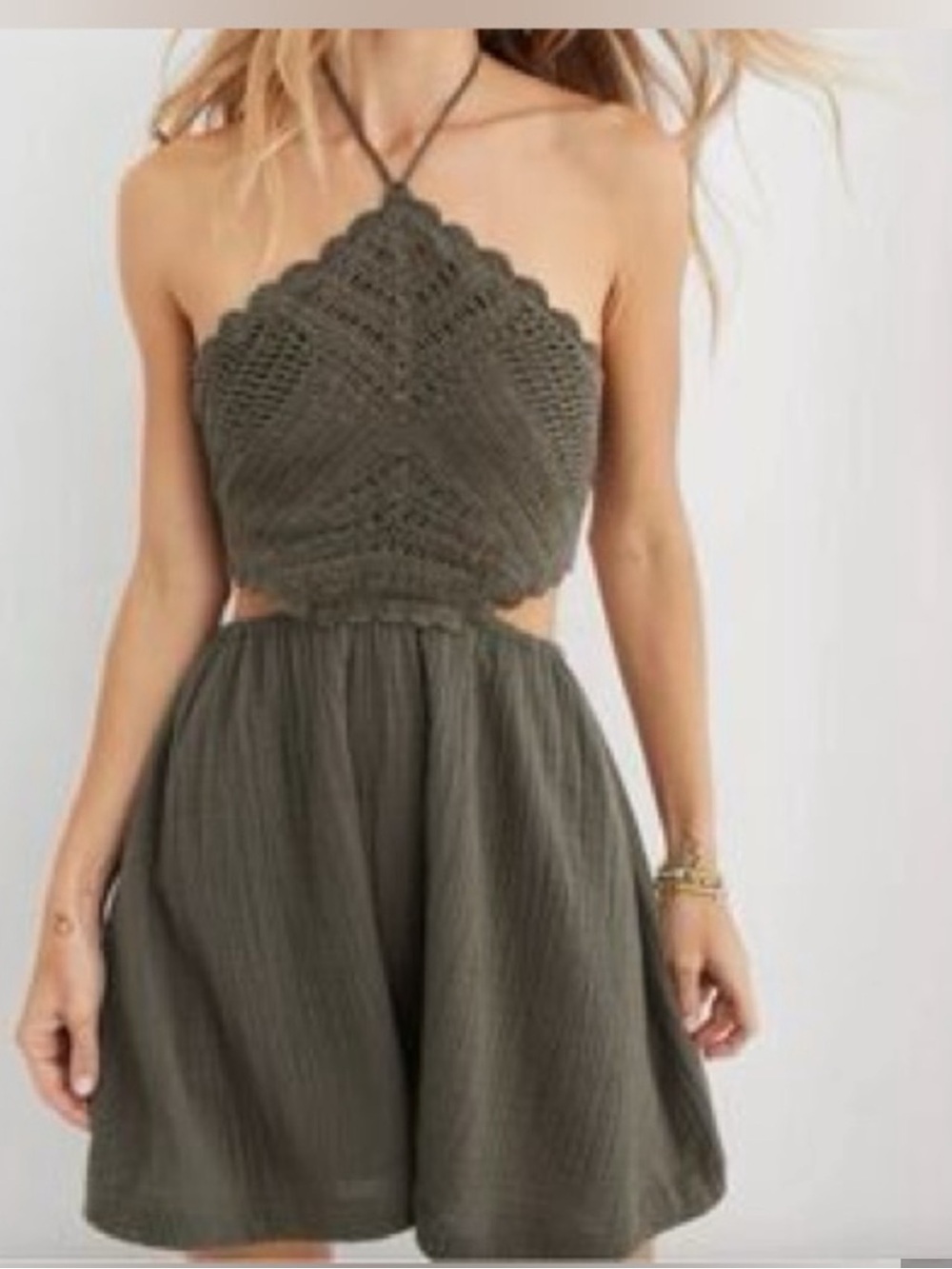 aerie Olive Green Crochet Halter Romper